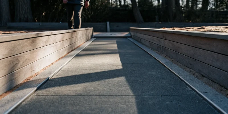Restored old bocce court with a level surface and wooden borders on Long Island, NY.