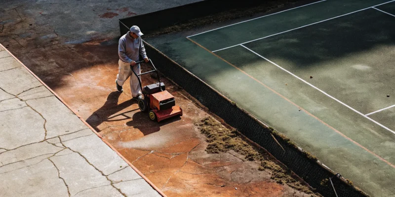 Old tennis court restoration on Long Island, NY, with a worker repairing a cracked surface.
