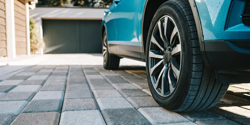 A blue SUV parked on a modern driveway constructed with permeable pavers.