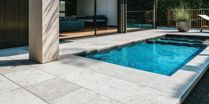 Light gray porcelain outdoor pavers on a modern pool deck.