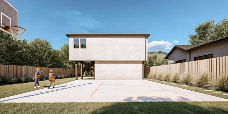 A newly constructed concrete basketball court in a backyard with a hoop.