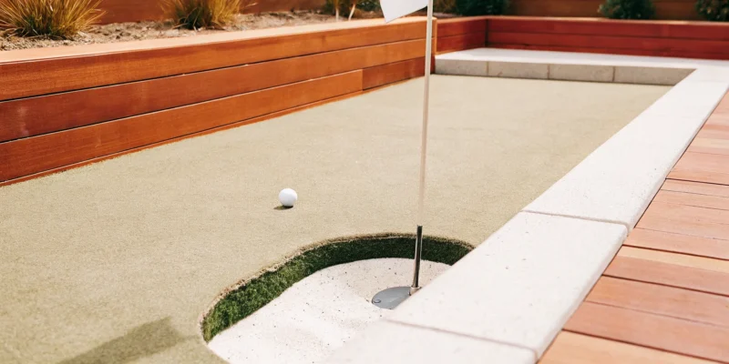 A synthetic turf backyard putting green with a golf ball next to the hole and flag.