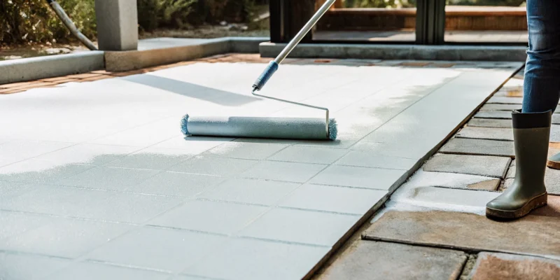 Applying a protective paver sealer to an outdoor patio with a roller.