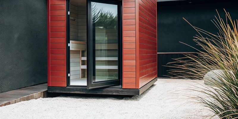 Thermo-Spruce SaunaLife GL4 outdoor sauna kit with a full-glass front and modern Scandinavian design.