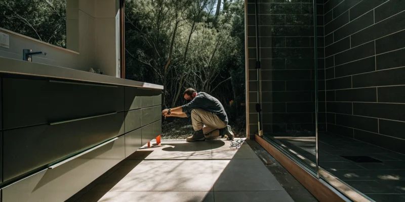 Top-rated bathroom contractor installing custom cabinetry during a professional remodel.