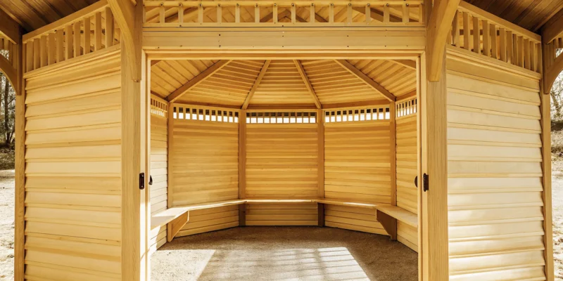 Amish wholesale gazebo with a wood interior and benches in a Long Island, NY showroom.