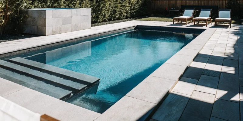 A modern backyard with a custom pool and patio designed by backyard designers on Long Island, NY.
