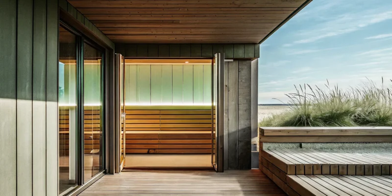 A premium SaunaLife outdoor sauna with a modern design in Long Island, NY.