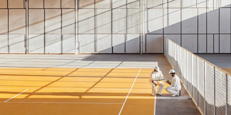 Tennis court builders inspecting a new court surface in Long Island, NY.