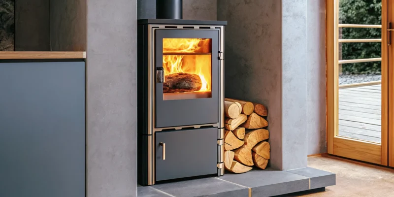 Clementi Elite Hydro stove with oven burning wood for heating, cooking, and hot water.