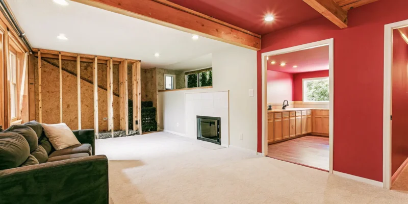 Get a quote for basement finishing for an unfinished basement with a fireplace.