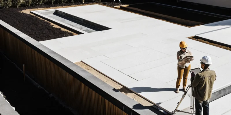 Gunite pool and patio contractors planning a new backyard installation.