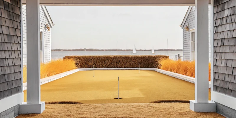 Backyard putting green with synthetic turf from a professional Long Island, NY builder.