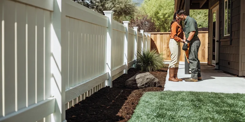 Couple admiring their new vinyl fence after installation by the best company.