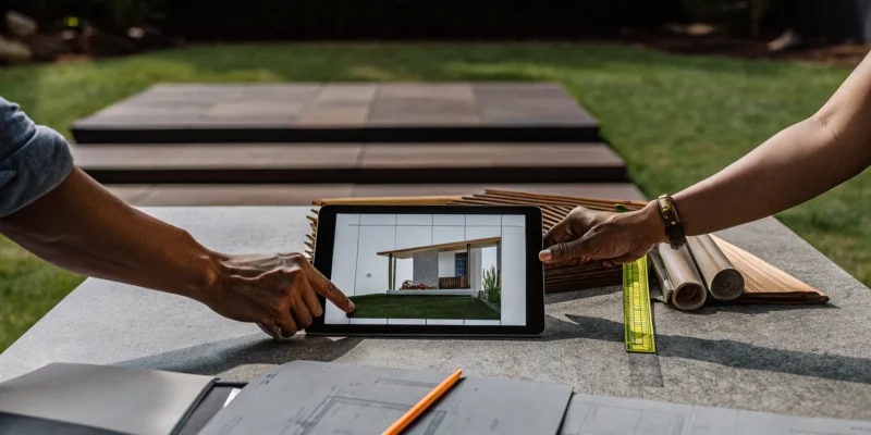 Two people reviewing designs on a tablet to get a quote for a backyard pavilion.