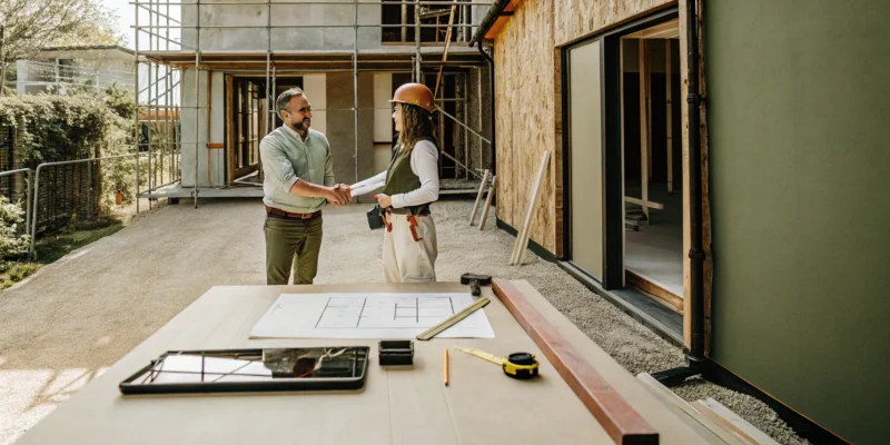 A homeowner and residential home extension builder shaking hands over building plans.