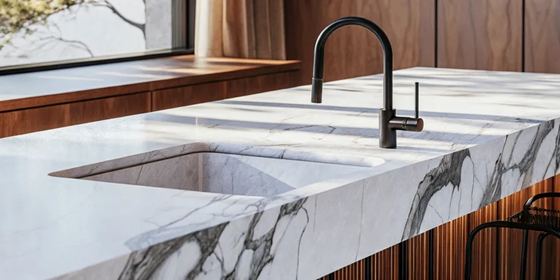 Neolith sintered stone countertop with an integrated sink in a modern kitchen.