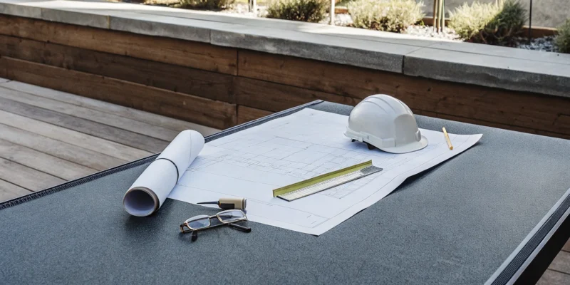 Planning the cost for an outdoor concrete basketball court with blueprints and a hard hat.