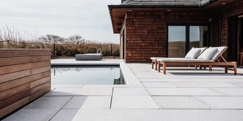 Specialized porcelain pool patio and coping with modern lounge chairs on Long Island, NY.
