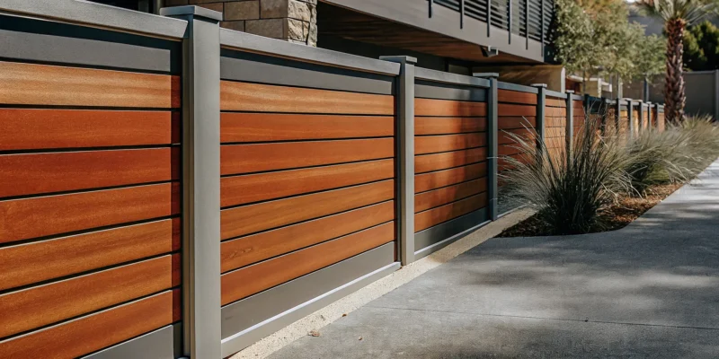 Modern Frame It All composite privacy fence with horizontal wood-look panels and metal posts.