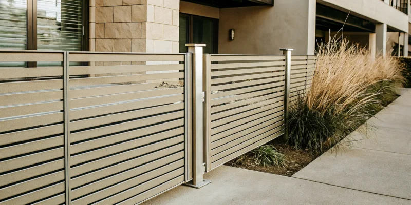 Modern horizontal steel fence panels securing the front yard of a residential home.