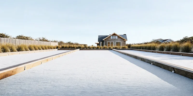 Bocce court with a gravel surface and wood frame, built by contractors on Long Island, NY.