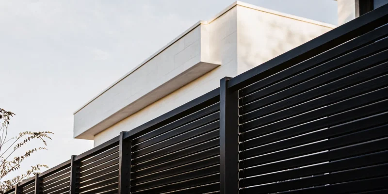 Modern black aluminum sleek fence outside a contemporary home.