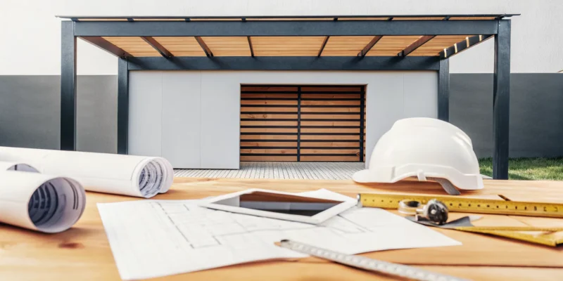 A pavilion under construction with blueprints and tools used for calculating the building cost.
