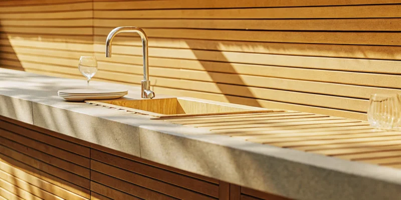 Infinity porcelain outdoor kitchen countertop with a built-in sink.
