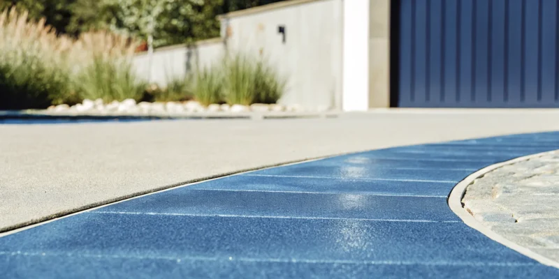 A modern resin bound surfacing driveway with a blue accent in Long Island, NY.