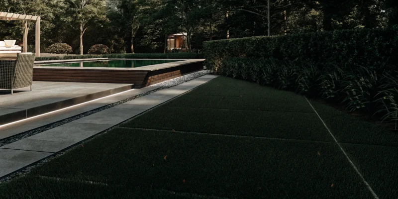24x24x2 pavers installed around a modern Long Island pool