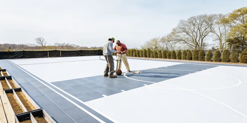 Basketball court installers building a new home court on Long Island, NY.