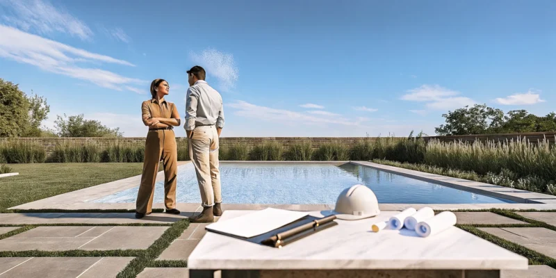 Swimming pool contractors in Long Island, NY discussing plans for a new pool project.