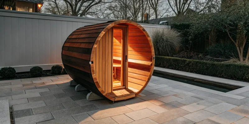 Premium outdoor barrel sauna custom-installed by Gappsi on a beautifully leveled Long Island patio with Thermo-Spruce wood.
