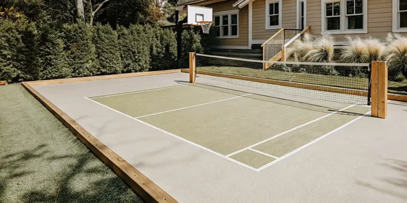 Combined basketball and pickleball court in a landscaped Long Island backyard