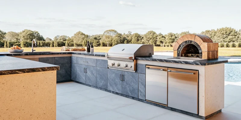 Luxury Long Island outdoor kitchen with built-in appliances