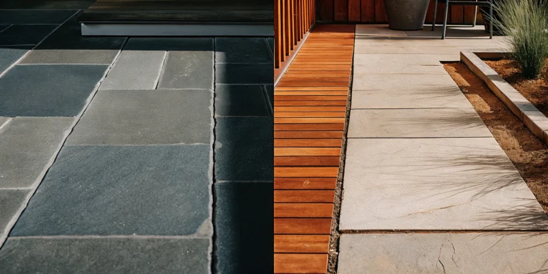 Side-by-side comparison of a bluestone patio vs a paver patio.