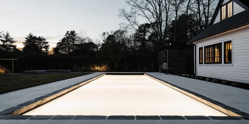 Bocce court lighting illuminating a Long Island backyard court