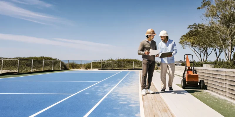 Pickleball builders on Long Island NY discussing court construction plans beside a blue pickleball court.