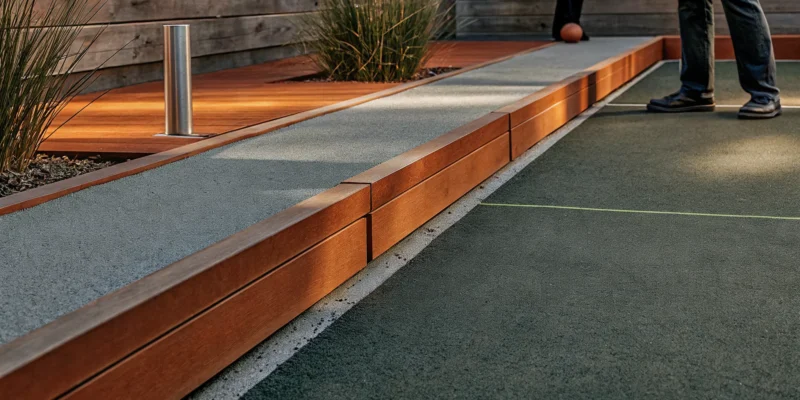 A professionally installed bocce court with wood borders on Long Island, NY.