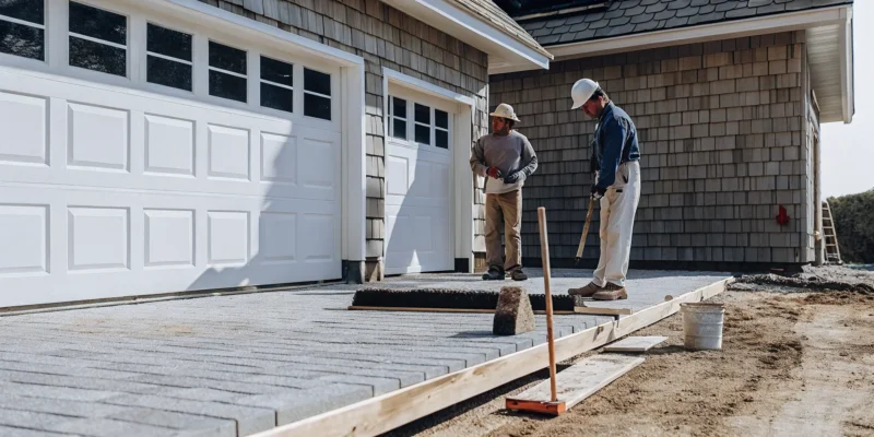 Concrete contractors on Long Island, NY installing a new driveway.