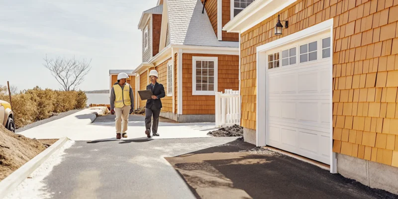 Concrete contractors on Long Island NY discussing a new home driveway project.