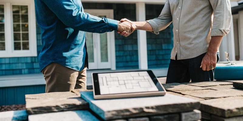 A masonry contractor in Long Island, NY, shakes hands with a client, finalizing a home project.
