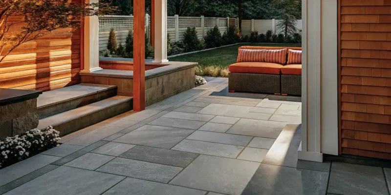 Natural stone paver patio in a Long Island backyard
