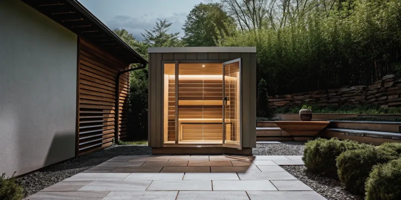 Cedar outdoor sauna in a landscaped Long Island backyard