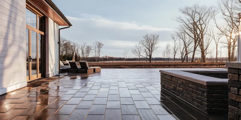Freshly sealed paver patio on Long Island