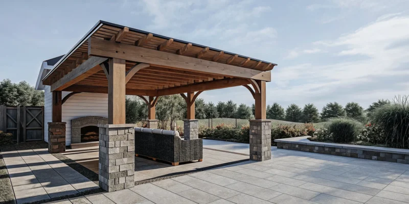 Custom pergola over an elegant Long Island backyard patio
