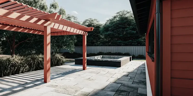 Custom pergola over a landscaped Long Island patio