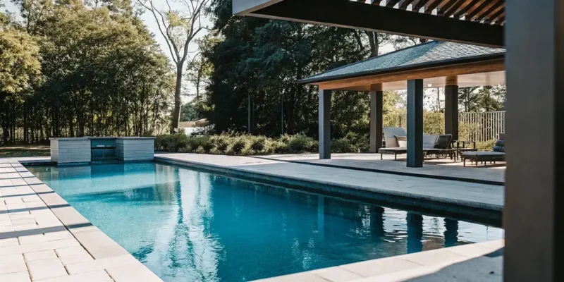 A luxury backyard pool in Long Island with evergreen privacy landscaping