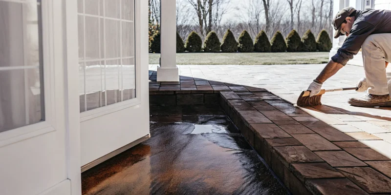 Professional applying sealer to a clean stone paver patio